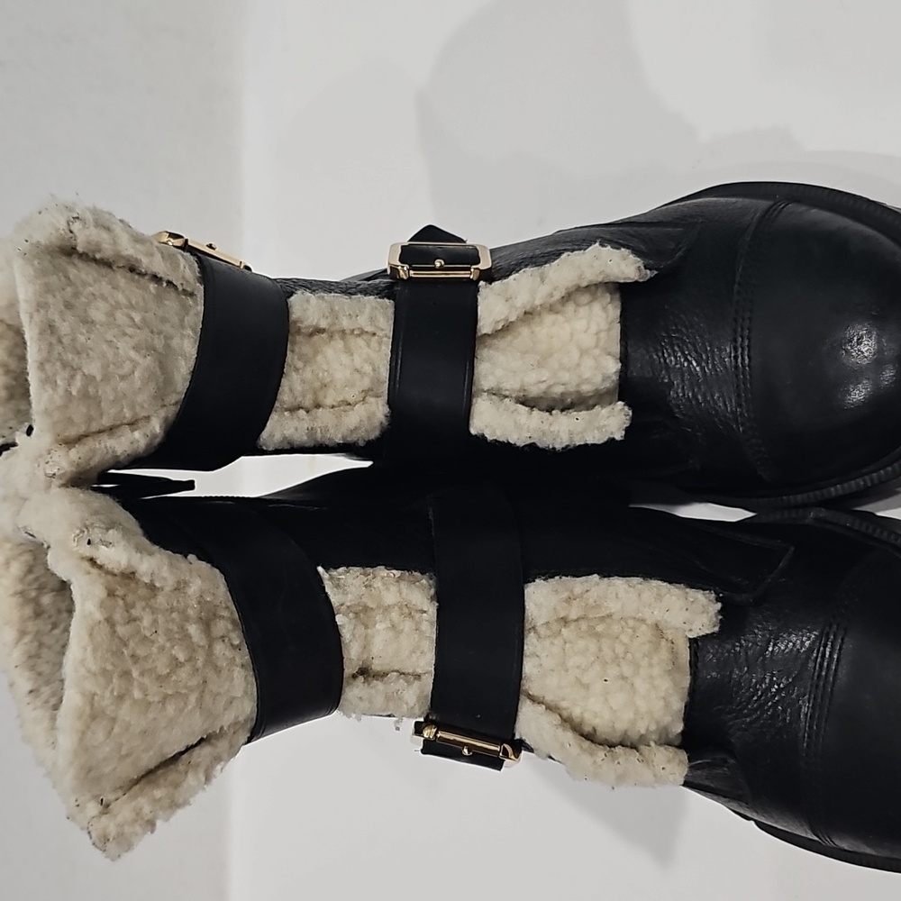 Nine West Black Leather combat Ankle  boots with Faux Shearling Size 10.5 - Picture 12 of 14